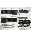 All-In-One Patio Swivel Bar Stool Assembly Hardware Kit with mini wrench, hex wrench, M6 screws, nuts, washers, covers.