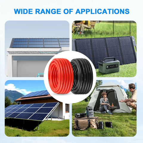 Two Pack 50 Ft 8 AWG Solar Extension Cable Red And Black PV Wire in outdoor solar setups with panels and camping gear.
