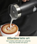 Hot And Cold Foam Milk Frother For Coffee And Cafe Style Drinks Like Lattes Cappuccinos Macchiatos And Hot Chocolate With Stainless Steel Nonstick Milk Tank And Cool Touch Exterior pouring milk over latte