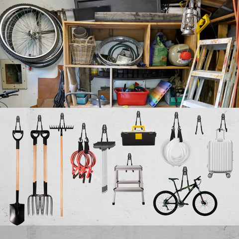 Heavy Duty Garage Hooks Six Pack With Extra Hook For Added Security organizing tools and bikes in tidy garage setup
