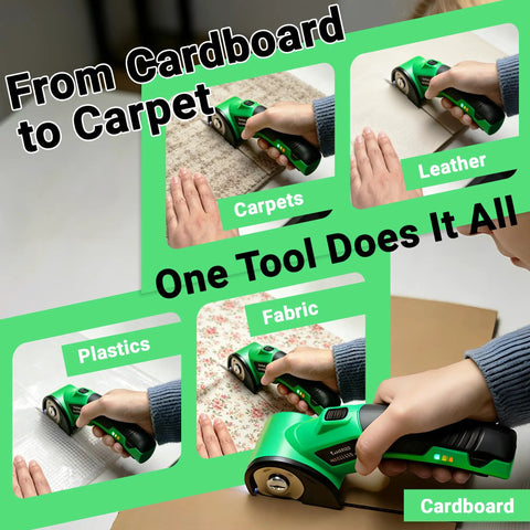 4V Cordless Electric Scissors Rechargeable Box Cutter With 2000mAh Battery cutting cardboard, fabric, leather, and carpet.