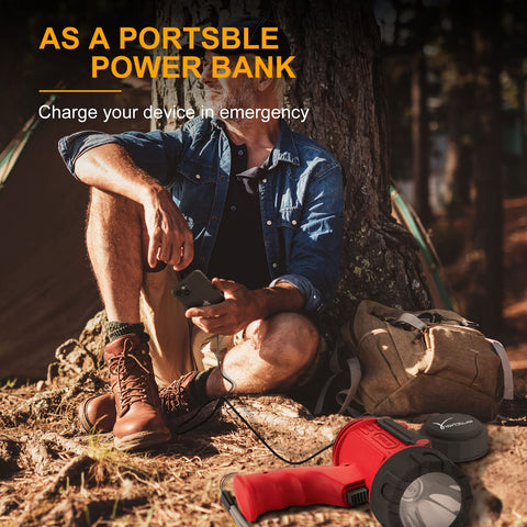 Man using Beast Mode Rechargeable Spotlight with Two Million Lumen LED IP67 Waterproof Long Throw Searchlight as power bank outdoors