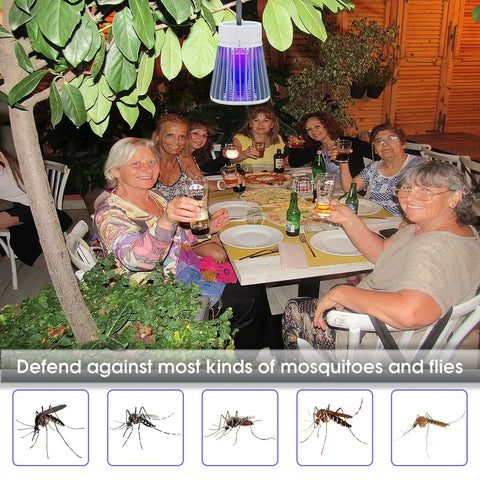 Outdoor dining area with Rechargeable Mosquito Zapper For Home And Camping With UV Purple Light Electric Insect Trap.