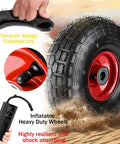 Heavy Duty Caster Wheels with tubeless inflatable tire design, showing vacuum technology and resilience features.
