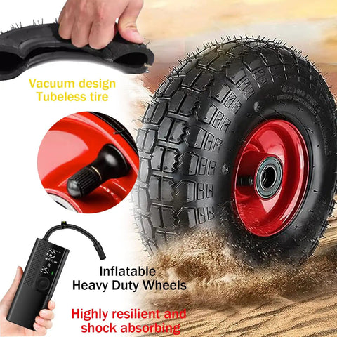 Heavy Duty Caster Wheels with tubeless inflatable tire design, showing vacuum technology and resilience features.