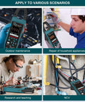 3-In-1 AC/DC Clamp Meter And Oscilloscope For Current And Voltage in use during maintenance, repair, research, and NCV scenarios.