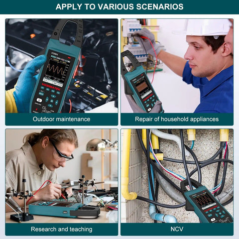 3-In-1 AC/DC Clamp Meter And Oscilloscope For Current And Voltage in use during maintenance, repair, research, and NCV scenarios.