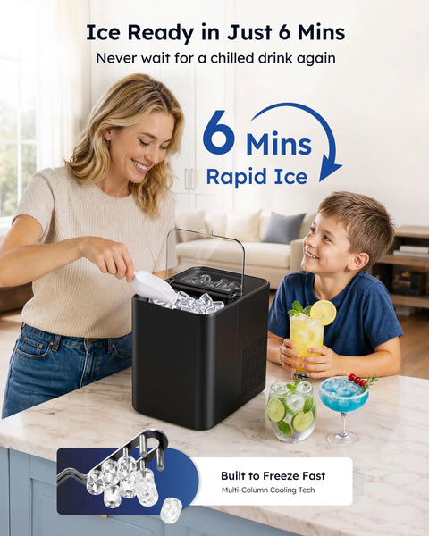 Fast Countertop Ice Maker Turns Out Eight Bullet Shaped Cubes In Six Minutes While Pumping Twenty Six Point Five Pounds Daily With Ample Water Reservoir For No Sweat Bar Setup And Always Chill Cocktails Or Quick Saturday Sips, woman and child enjoying chilled drinks.