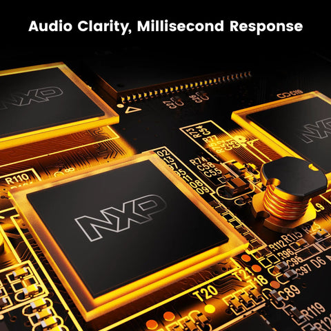Close-up of NXP chipset showcasing circuitry and technology used in MG-50Li Multi Effects Pedal For Guitar And Bass With 14 Independent Signal Blocks 5 Hour Battery Life DeepImage Profiling Advanced Amp Modeling White Finish Stage And Studio Ready For Demos And Jam Sessions