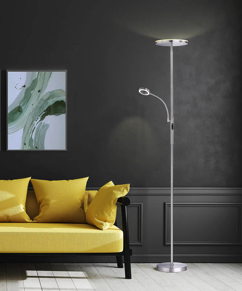 Go-To 70-Inch Slim LED Torchiere Floor Lamp With Reading Light, Remote, Satin Nickel Finish next to yellow couch in living room
