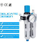 Half Inch NPT High Pressure Air Filter Regulator Lubricator Combo With Water And Oil Trap Separator Gauge 0 To 230 Psi front view