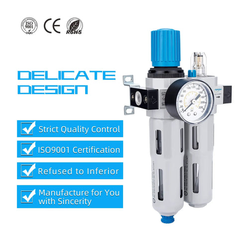 Half Inch NPT High Pressure Air Filter Regulator Lubricator Combo With Water And Oil Trap Separator Gauge 0 To 230 Psi front view