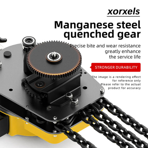 Heavy Duty 1 Ton Electric Chain Hoist, 2200 LBS Beast Mode Lifter gear detail showcasing manganese steel and chain.
