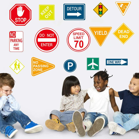 15 Piece Road Sign Wall Decals Set Traffic Street Sign Stickers Vinyl Wall Decor for Classroom with children sitting underneath