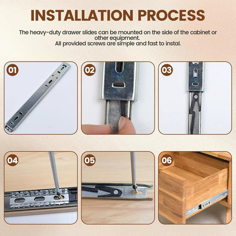 Installation process of Built Tough 15 Inch Side Mount Cabinet Drawer Slides Featuring Steel Ball Bearings for smooth drawer glide.