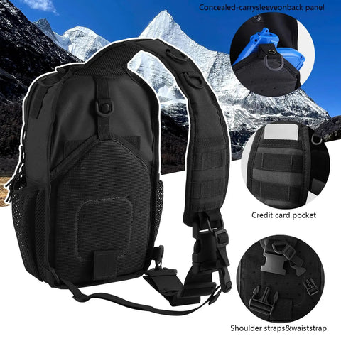 Rugged Tactical Sling Pack For Everyday Carry, Shoulder Crossbody Bag With Bottle Holder, 13L Capacity, high-density fabric, black.