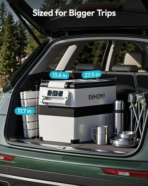 Solid Forty Eight Quart 12 Volt Compressor Portable Fridge And Freezer For Your Ride with dimensions in vehicle trunk.