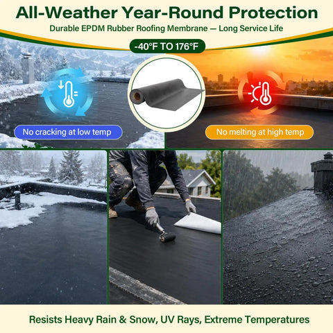 Heavy Duty Peel And Stick EPDM Rubber Roofing Roll Ultra Thick Waterproof Membrane For RVs Sheds And Garages, showing installation in varying temperatures.