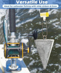 Pyramid Lead Fishing Sinkers For Saltwater 3oz Each 5 Pack Beefy Pyramid Weights For Long Casts And Quick Sinking Ideal For Sandy Or Muddy Bottoms And Strong Currents hanging on a fishing line near boat reel.