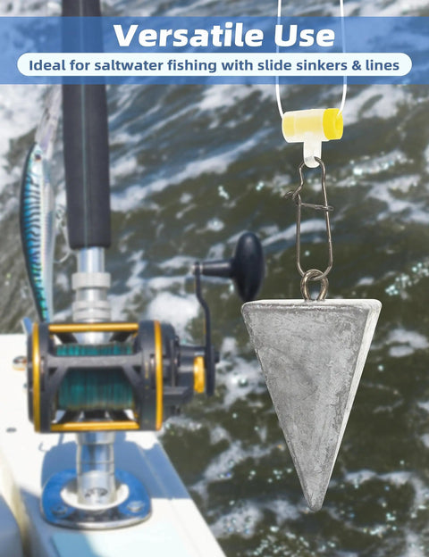 Pyramid Lead Fishing Sinkers For Saltwater 3oz Each 5 Pack Beefy Pyramid Weights For Long Casts And Quick Sinking Ideal For Sandy Or Muddy Bottoms And Strong Currents hanging on a fishing line near boat reel.