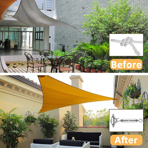 Outdoor patio shade with before and after using 33 Piece Marine Grade Stainless Steel Sun Shade Sail Hardware Kit