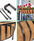 4 Pack 24 Inch Railing Planter Window Box With Coconut Coir Liner No Fuss Easy Install Metal Fence Hanging Flower Baskets For Deck Balcony Outdoor Garden Rail Planter Boxes, showing installation parts and flowering setup.