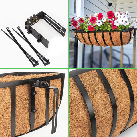 4 Pack 24 Inch Railing Planter Window Box With Coconut Coir Liner No Fuss Easy Install Metal Fence Hanging Flower Baskets For Deck Balcony Outdoor Garden Rail Planter Boxes, showing installation parts and flowering setup.