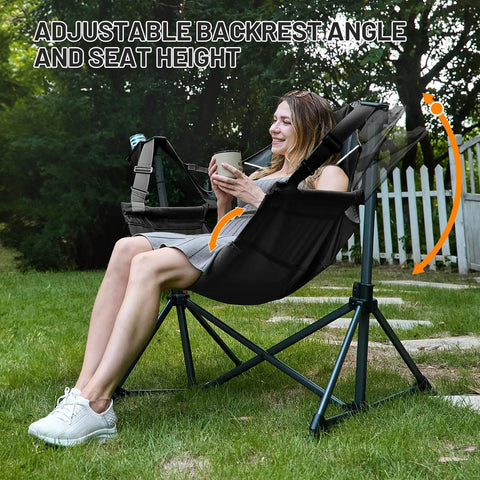Woman relaxing on Ultra Comfy Oversized Hammock Camping Chair Two Pack With Adjustable Back And Seat Height, outdoors