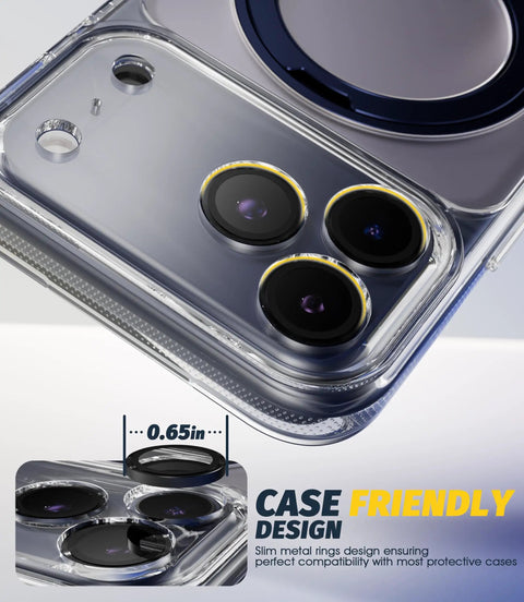 EZ Install Case Friendly 9H Tempered Glass Camera Lens Protector For Iphone 17 Pro 17 Pro Max 16 Pro 16 Pro Max 15 Pro 15 Pro Max 14 Pro 14 Pro Max With HD Clarity Anti Glare Military Grade Shockproof on phone showing metal rings compatibility.