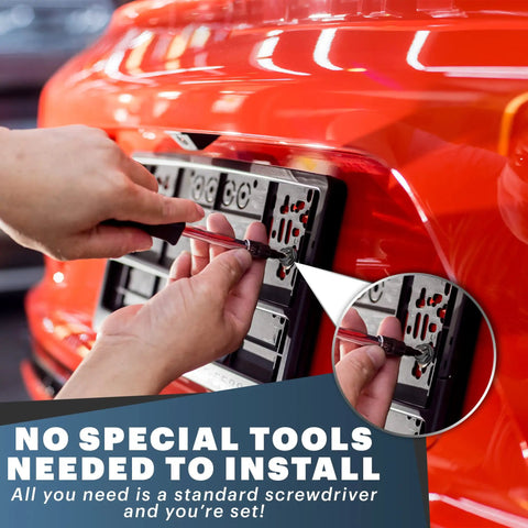 Rustproof License Plate Screws Set For US Domestic Vehicles being installed on a car with a screwdriver