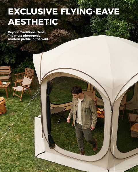 10x10 Ft Pop Up Screen House Tent With Mesh Doors Portable Instant Screen Room Gazebo UV Shield Silver Coated Mesh Easy Setup For Patio Backyard Deck Camping Outdoor Comes With Carry Bag Beige, installed on grass with visible mesh doors and surrounding outdoor furniture.