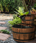 2 Tier Barrel Waterfall Outdoor Fountain With Electric Pump Rustic Wood Water Feature for garden patio display