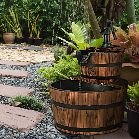 2 Tier Barrel Waterfall Outdoor Fountain With Electric Pump Rustic Wood Water Feature for garden patio display