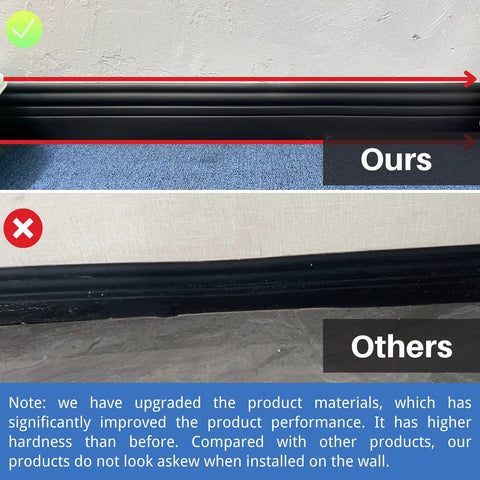 Comparison of Creamy White Peel and Stick Baseboard Molding vs others, showing even alignment on the wall.