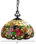 Tiffany Style Hanging Pendant Lamp With Stained Glass White Hummingbird Pattern Two Light Fixture For Bedroom Living Room Kitchen Dining Area Cozy Vintage Glow, 16-inch diameter and 9-inch height