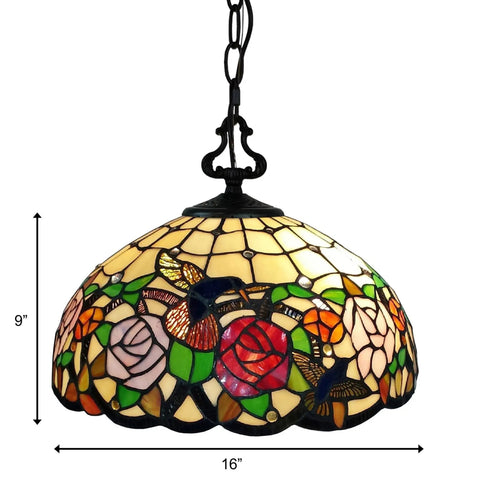 Tiffany Style Hanging Pendant Lamp With Stained Glass White Hummingbird Pattern Two Light Fixture For Bedroom Living Room Kitchen Dining Area Cozy Vintage Glow, 16-inch diameter and 9-inch height