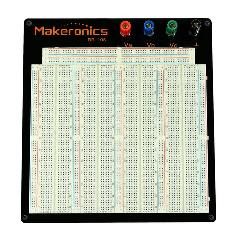 Solderless Breadboard Pro Kit With 3220 Tie Points, Aluminum Back Plate, top view showing full layout for Arduino prototyping.