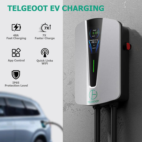 Level 2 EV Charger 48 Amp For Indoor And Outdoor Use With SAE J1772 Connector NEMA 14 50 Plug 25Ft Cable Start Charge Timer WiFi Enabled Smart EVSE Works With Most EVs And Plug In Hybrids For Home Charging, wall-mounted with features displayed.