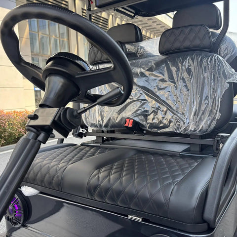 Interior view of Rugged Four Seater Electric Golf Cart With Powerful Ac Motor featuring stylish seating and steering wheel.