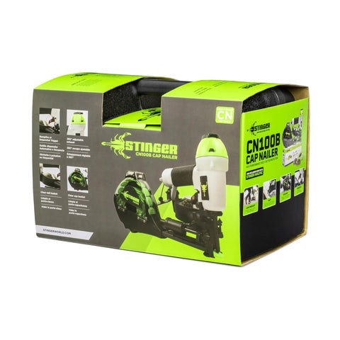 Durable Badass Pneumatic Cap Nailer Built Like Steel For Smashing Roofing Underlayment Sheets With Huge Capacity Magazine and Smooth Bump Fire Trigger Action in packaging.
