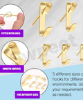 75 Piece Picture Hanger Kit With Nails, 5 Sizes Beefy Heavy Duty Metal Hangers For Drywall, 10Lb 20Lb 30Lb 50Lb 100Lb, Golden Finish, Picture Hanging Hardware For Frames And Wall Decor: five gold hooks