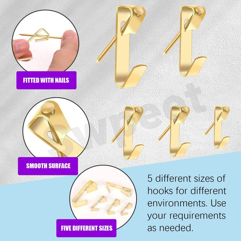 75 Piece Picture Hanger Kit With Nails, 5 Sizes Beefy Heavy Duty Metal Hangers For Drywall, 10Lb 20Lb 30Lb 50Lb 100Lb, Golden Finish, Picture Hanging Hardware For Frames And Wall Decor: five gold hooks