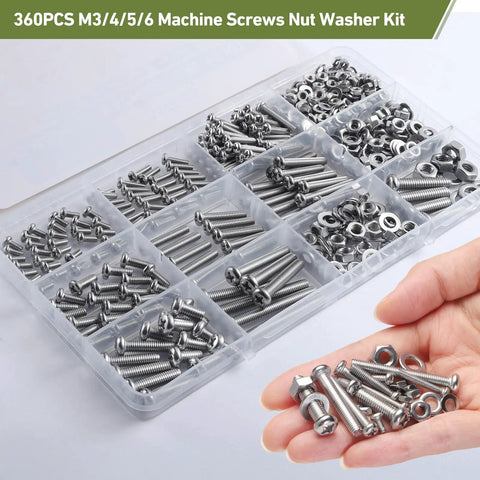 537Pcs Metric Bolts Nuts And Washers Kit M3 M4 M5 M6 Stainless Steel 304 Phillips Pan Head in organizer case and hand view