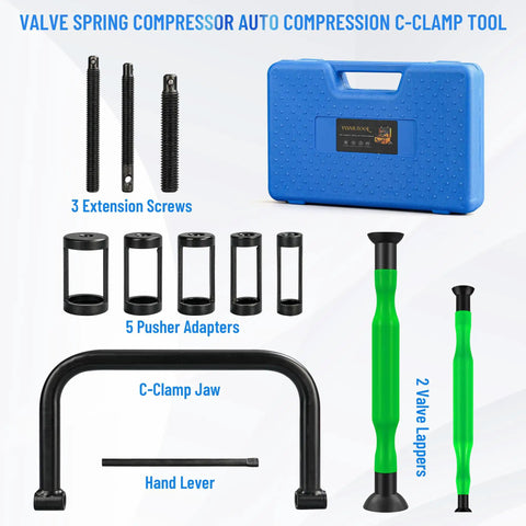Valve Spring Compressor Kit For Cars, Bikes, ATVs And Small Engines, 10 Piece Clamp Tool Set with C Clamp, Extension Rods, Collet Adapters
