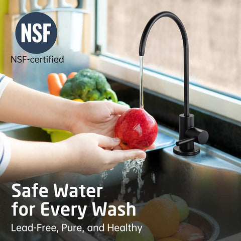 Knockout Matte Black Reverse Osmosis Kitchen Faucet, NSF Certified Lead Free Drinking Water Tap For Straight RO Hookup pouring water over an apple.
