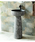Super Slick Ceramic Vessel Sink With Dope Retro Pedestal Design Straight Up Floor Standing Wash Basin For Courtyard Balcony High Gloss Industrial Style Home Decor Easy Clean Vanity Bowl Top Tier Daily Essential, featuring intricate wave patterns.