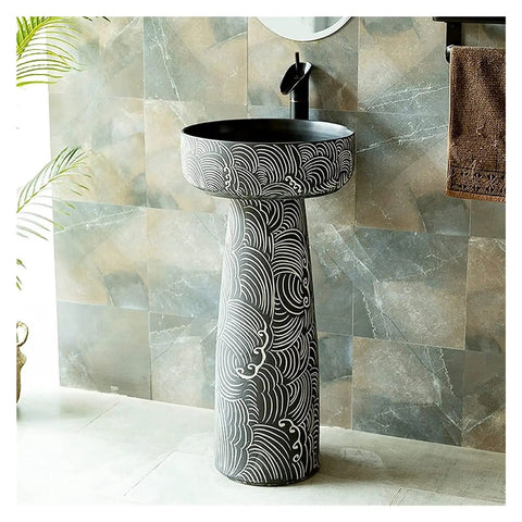 Super Slick Ceramic Vessel Sink With Dope Retro Pedestal Design Straight Up Floor Standing Wash Basin For Courtyard Balcony High Gloss Industrial Style Home Decor Easy Clean Vanity Bowl Top Tier Daily Essential, featuring intricate wave patterns.