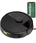 Roomba 105X Robot Vacuum With Smart LiDAR Mapping And Beast Mode Power Lifting Suction next to smartphone showing app.