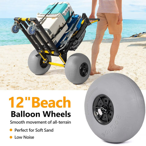 Foldable 2 In 1 Beach Wagon Cart with 12 Inch Balloon Wheels for Sand, loaded with coolers and gear on the beach.