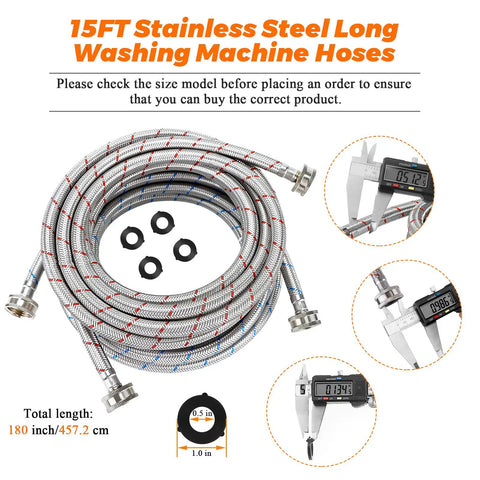15ft Braided Stainless Steel Washing Machine Hose Set with 3/4 Inch Standard Fittings and Measurement Tools, 2-Pack